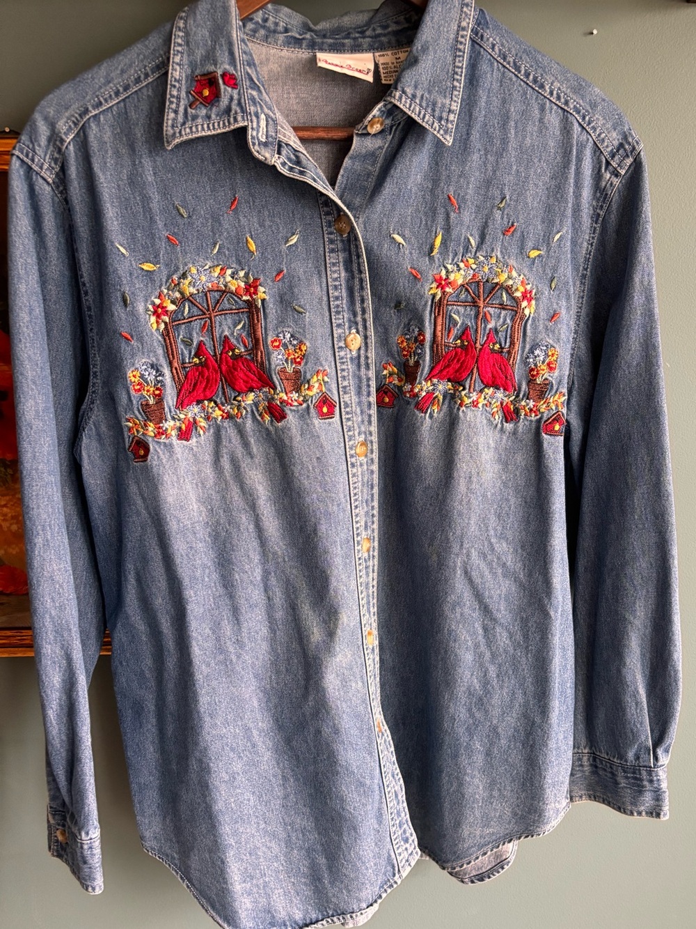 Bobbie Brooks Denim Button-Down Shirt with Red Cardinal Embroidery